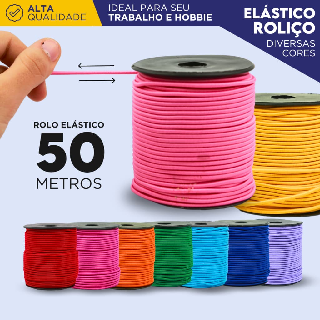 Elástico Roliço 2,2mm com 50 Metros Colorido Para Artesanato Laços Costura Bijuterias e Máscaras -MN