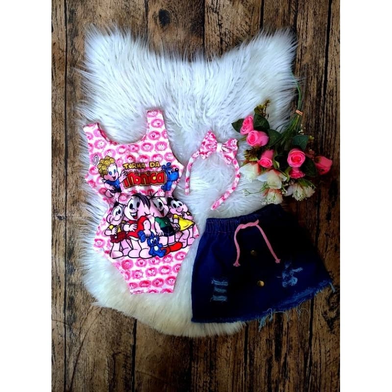 kit  Infantil com 15 Itens ( 5  Saia Jeans + 5  Bory+5tiara para Cabelo)(mandamos Temas variadas)
