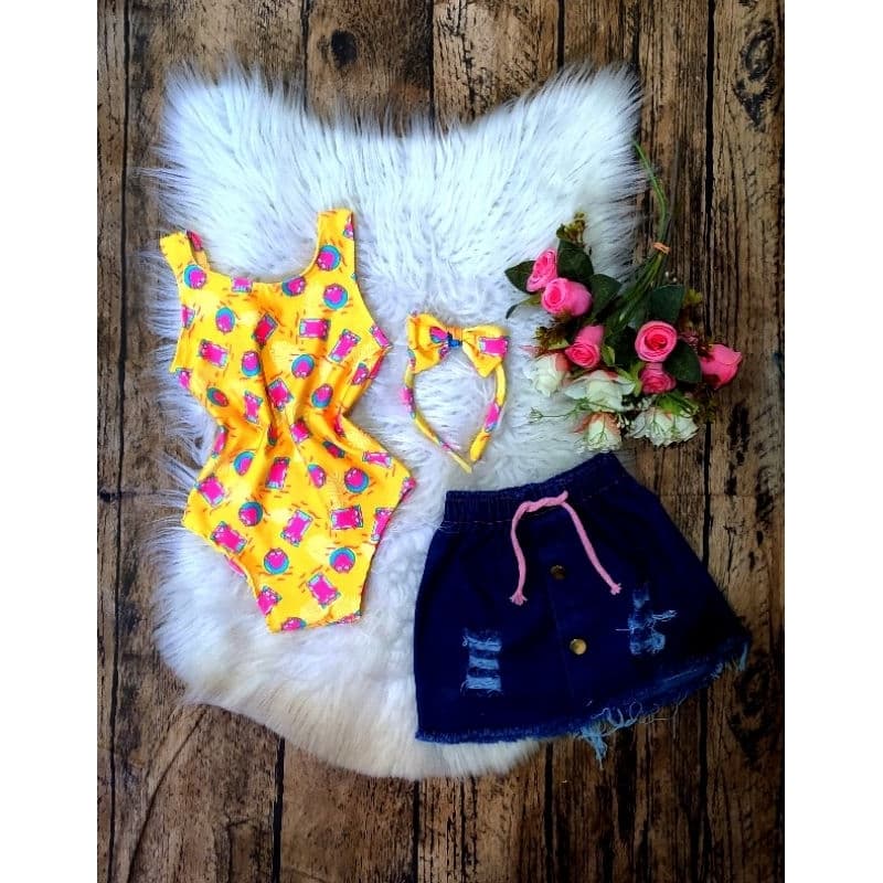 Bory + Saia Jeans Infantil + Acessório para Cabelo 3 peças( não garantimos temas)