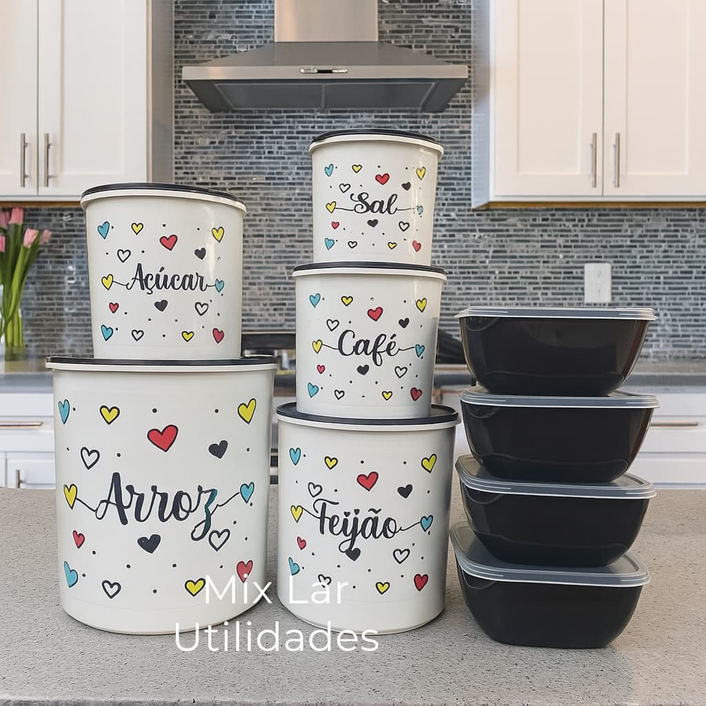 Kit com 5 Potes Mantimentos para cozinha + 4 Potes Herméticos Quadrados