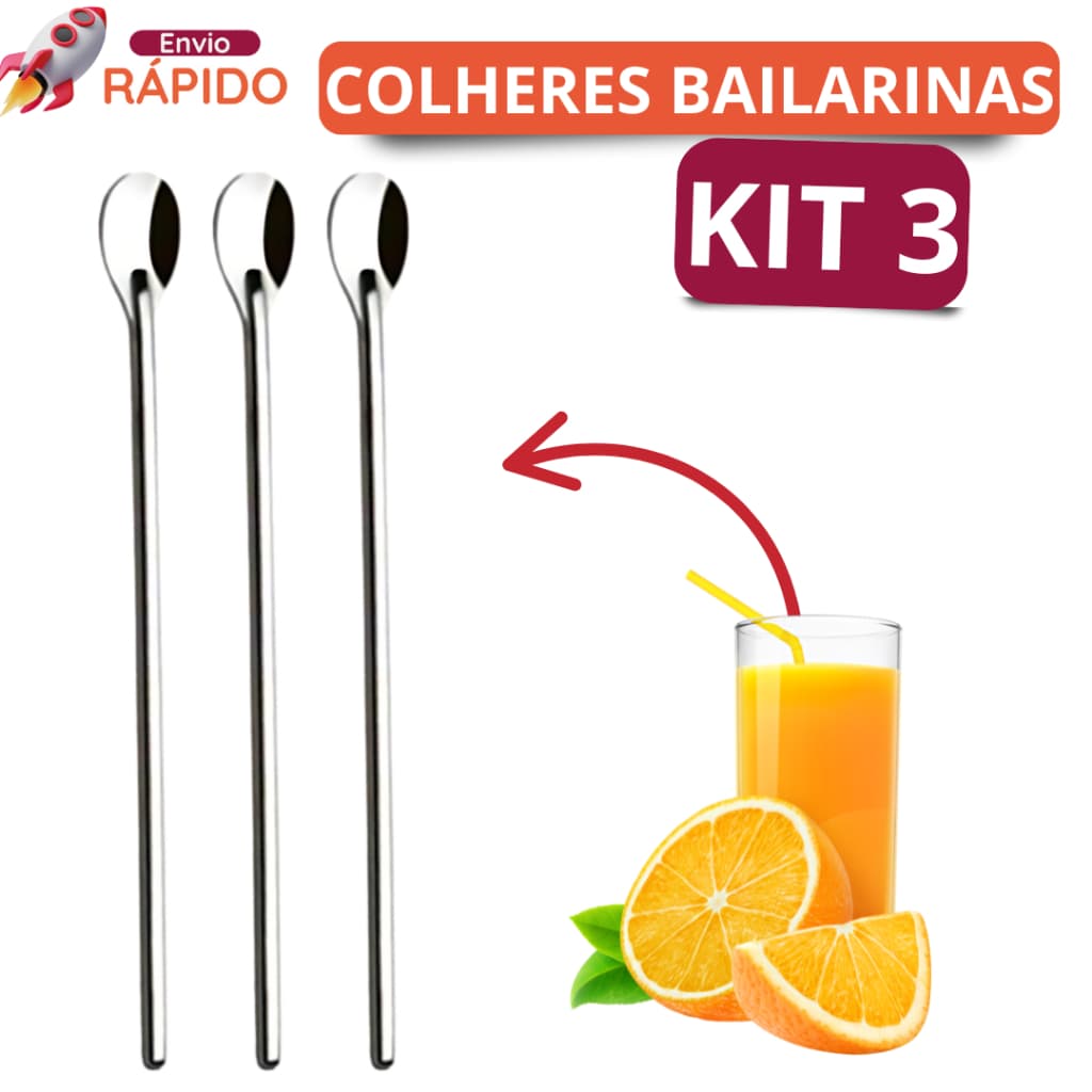 Kit 3 Colheres Bailarina Inox Para  Barman Jarras Copos Longos Suco Grande Restaurantes e Bares