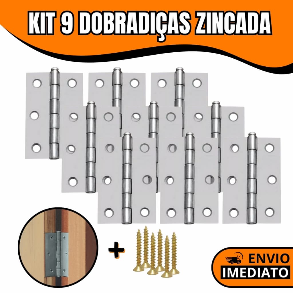 Kit 9 Dobradiças Zincadas para Porta Madeira Com Parafuso Tamanhos Variados: 3,8cm a 10cm