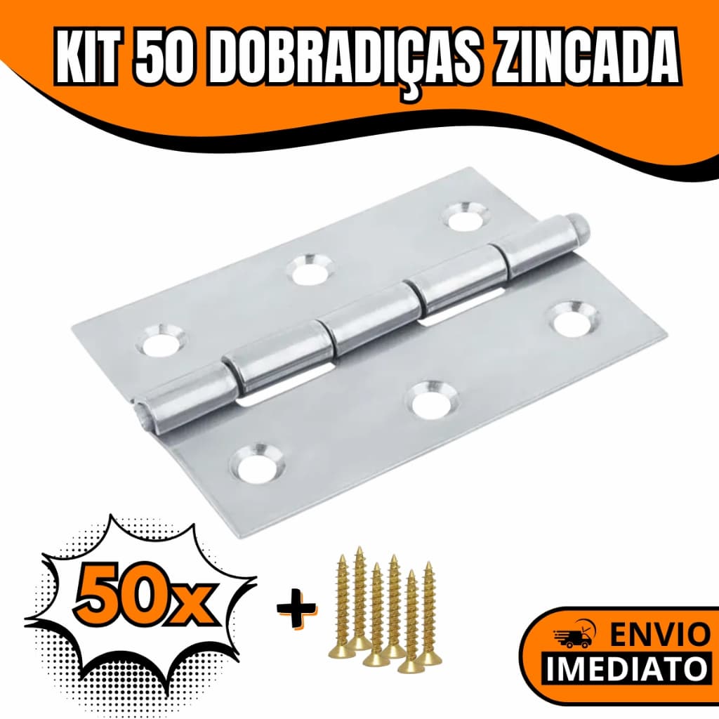 Kit com 50 Dobradiças Zincadas para Porta de Madeira com Parafuso – Tamanhos de 3,8cm a 10cm