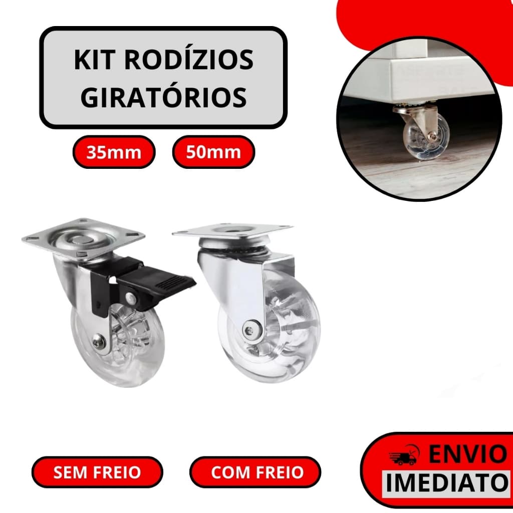 Kit Com 12 Rodízios Giratórios de Silicone 35mm 50mm 75mm 6 Com Trava e 6 Sem Trava Inclui Parafusos