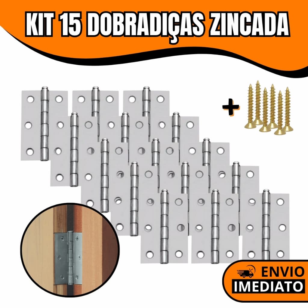 Kit 15 Dobradiças Zincadas Para Porta Madeira Com Parafusos 3,8cm 5cm 6,4cm 7,6cm 8,9cm 10cm Forte