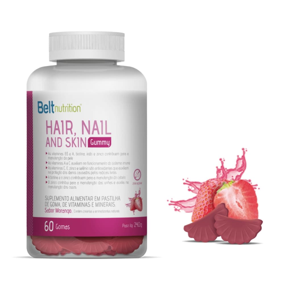 Belt Hair Gummy Morango 240g 60 Gomas Nutrição Cabelo Unha e Pele