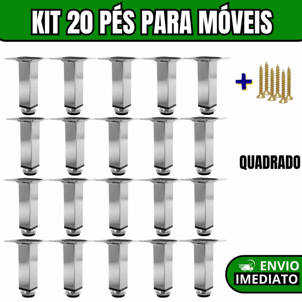 Kit com 20 Pés Cromados Reguláveis Quadrados para Móveis - 8cm, 10cm, 12cm, 15cm, 20cm