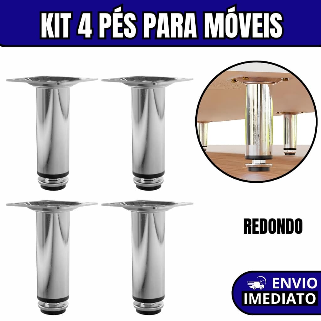 Kit 4 Pés Para Móveis Regulável Redondo Cromado - 8cm | 10cm | 12cm | 15 cm | 20cm