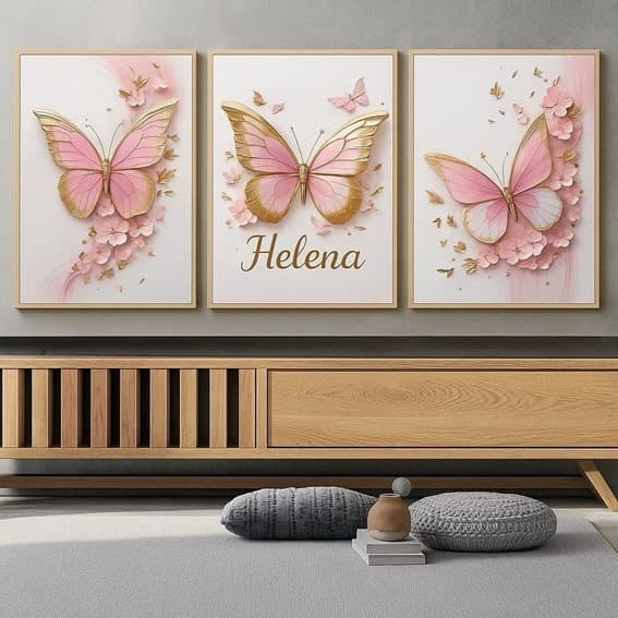 Kit 3 Quadros Borboletas Rosa Dourado Personalizado com Nome Decorativo Charme e Delicadeza