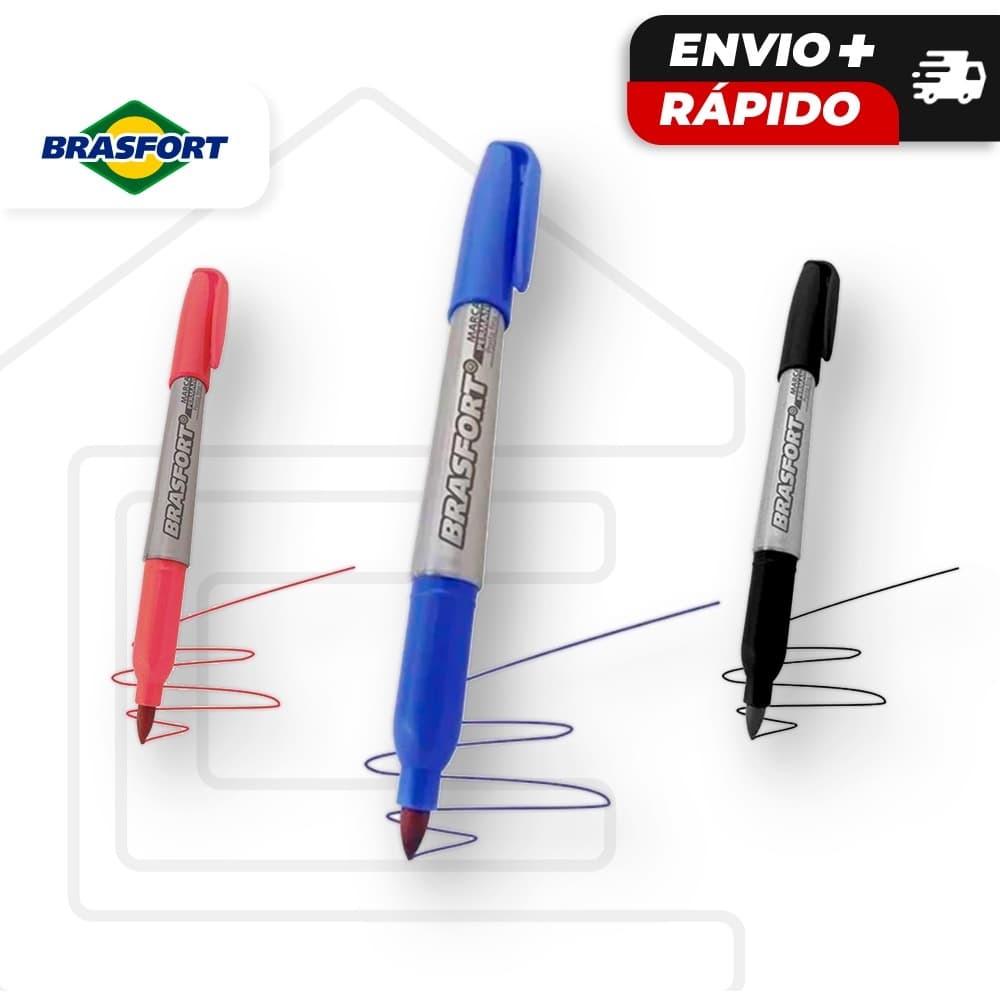 Kit 3 canetas permanentes ponta fina Brasfort- pincel marcador Azul - Preta - Vermelha