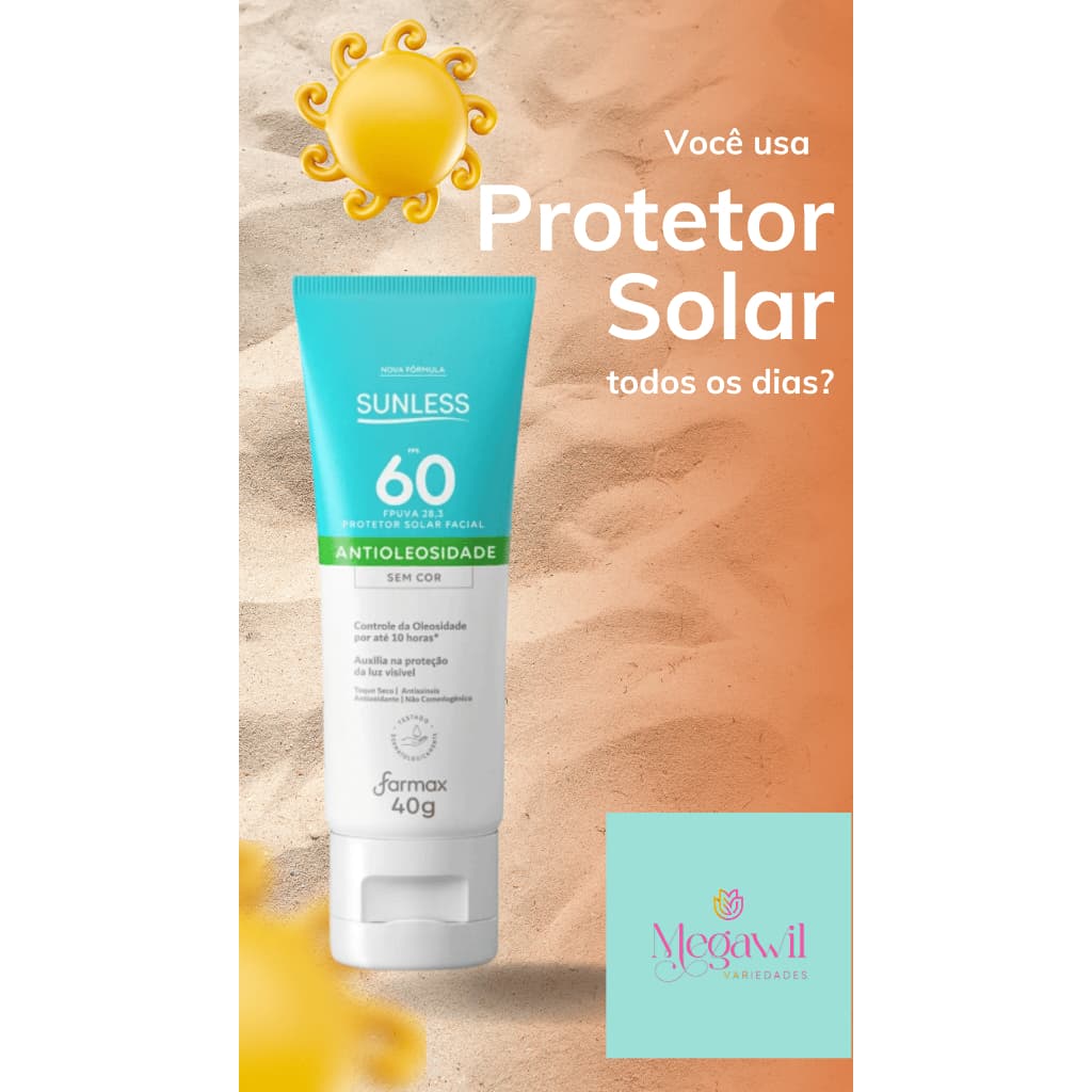 Protetor Solar Facial FPS 60 Sunless Oil Free Incolor 40g Pele Oleosa Rosto”