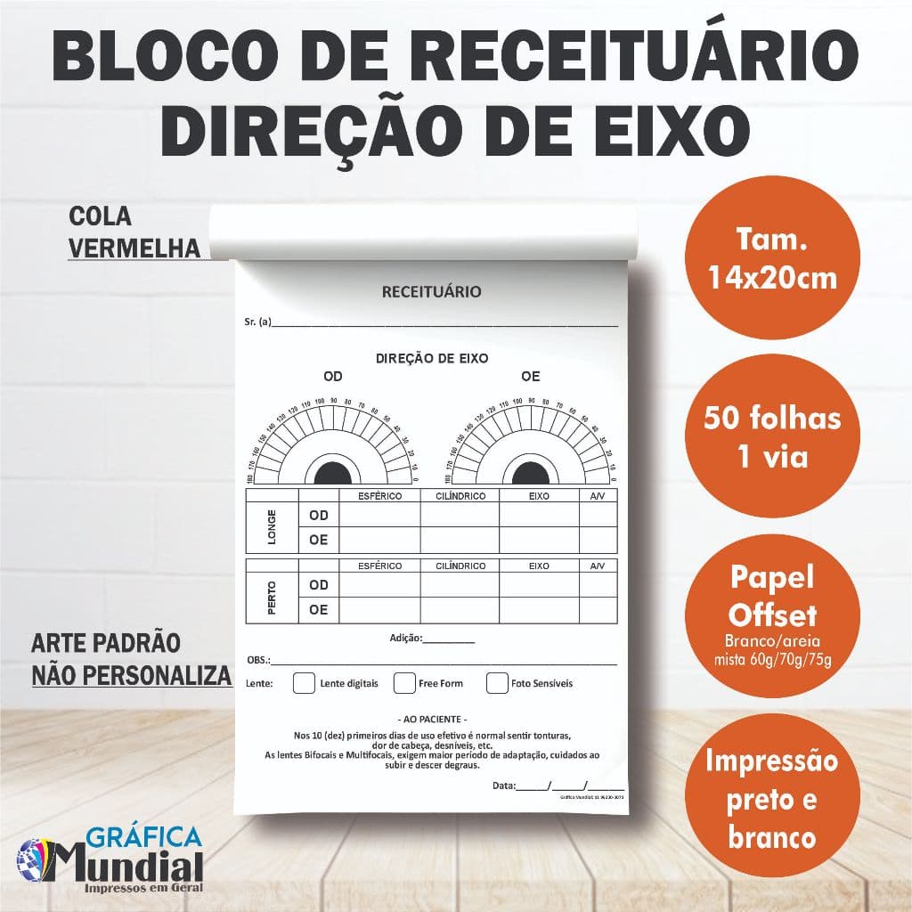 5 Receituário Direção de Eixo Optometria bloco 50 folhas 14x20cm Papelaria Anotações