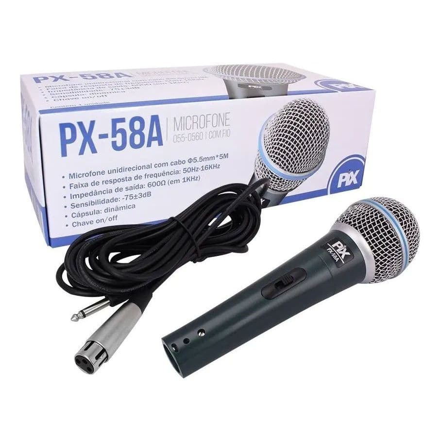 Microfone Dinâmico Unidirecional PIX PX-58A com Fio Cabo 5m para Voz Vocais Instrumentos Apresentações e Gravações