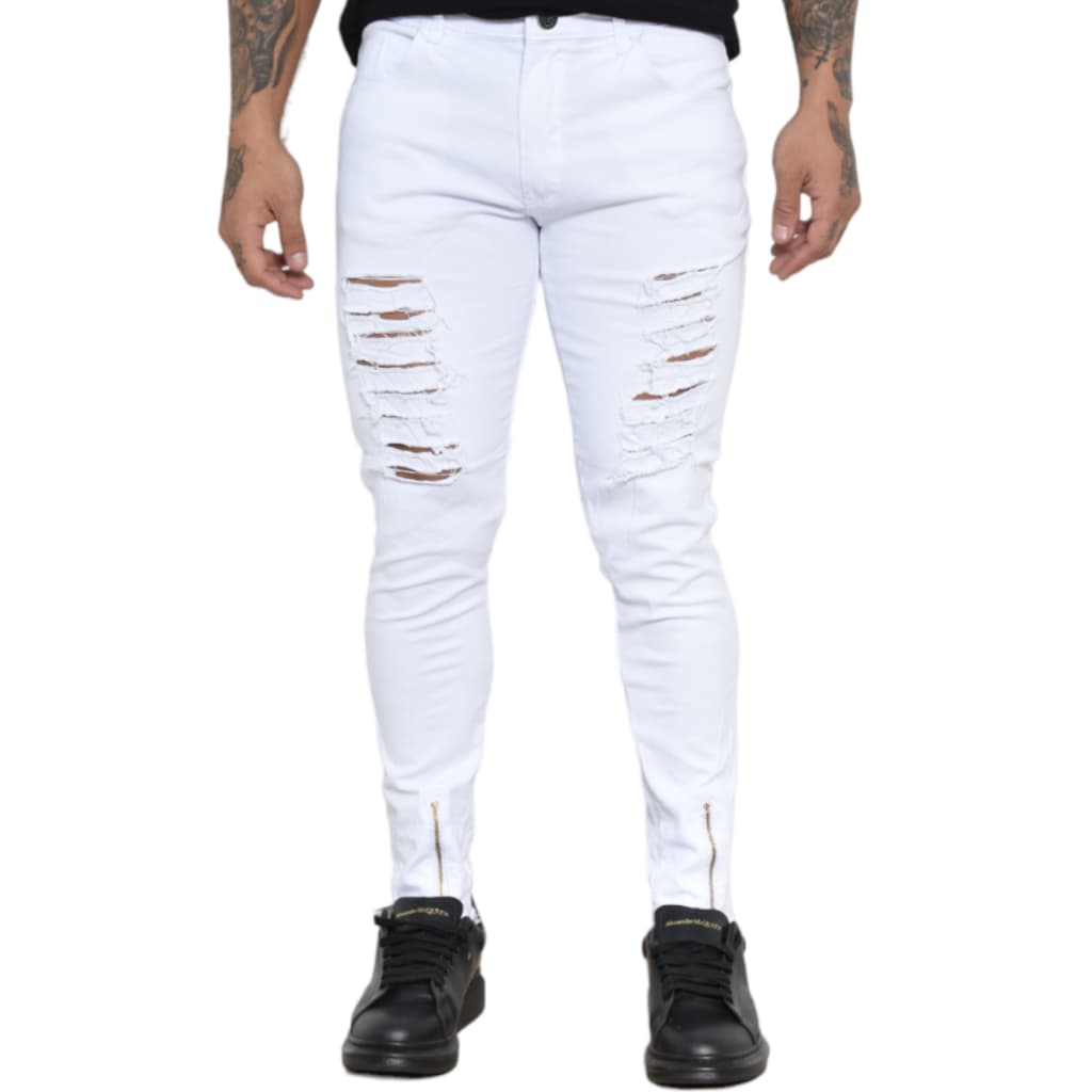 Calça Jeans Masculina Skinny Rasgada Zíper C/ Lycra