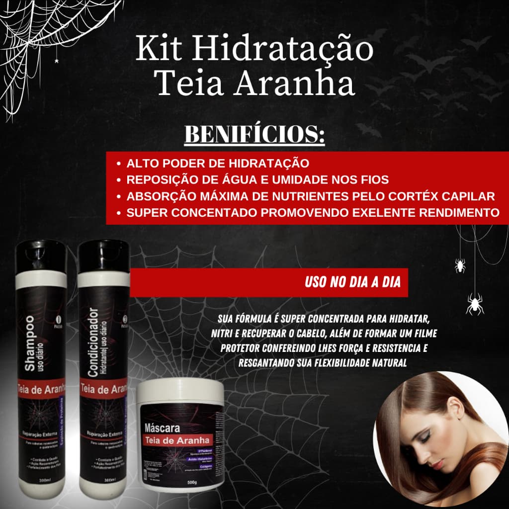 Kit Completo Teia de Aranha Hidratação Potente – Shampoo, Condicionador e Máscara Brilho e Maciez