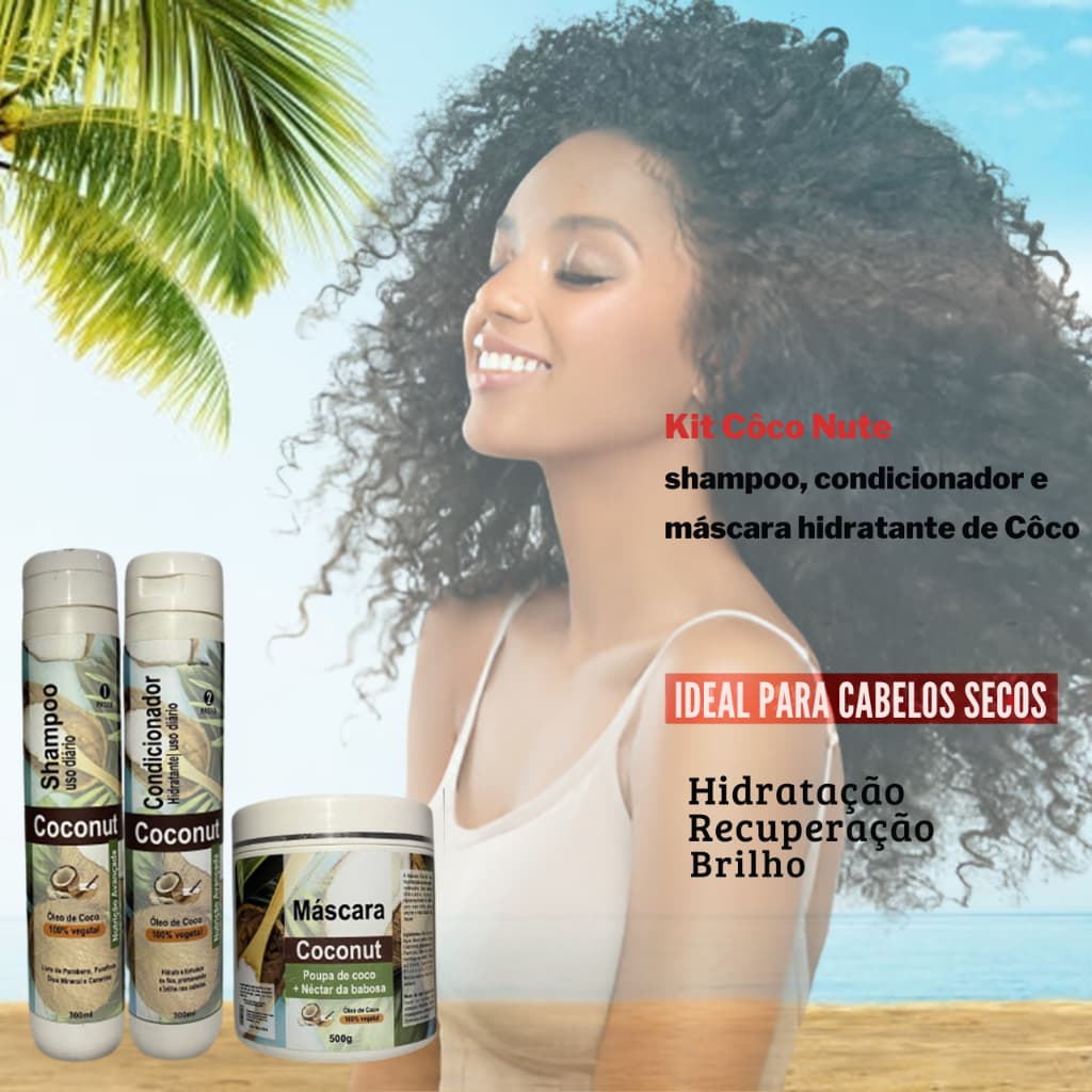 Kit Coco Nut Hidratação Profunda Shampoo Condicionador e Máscara para Cabelos Ressecados