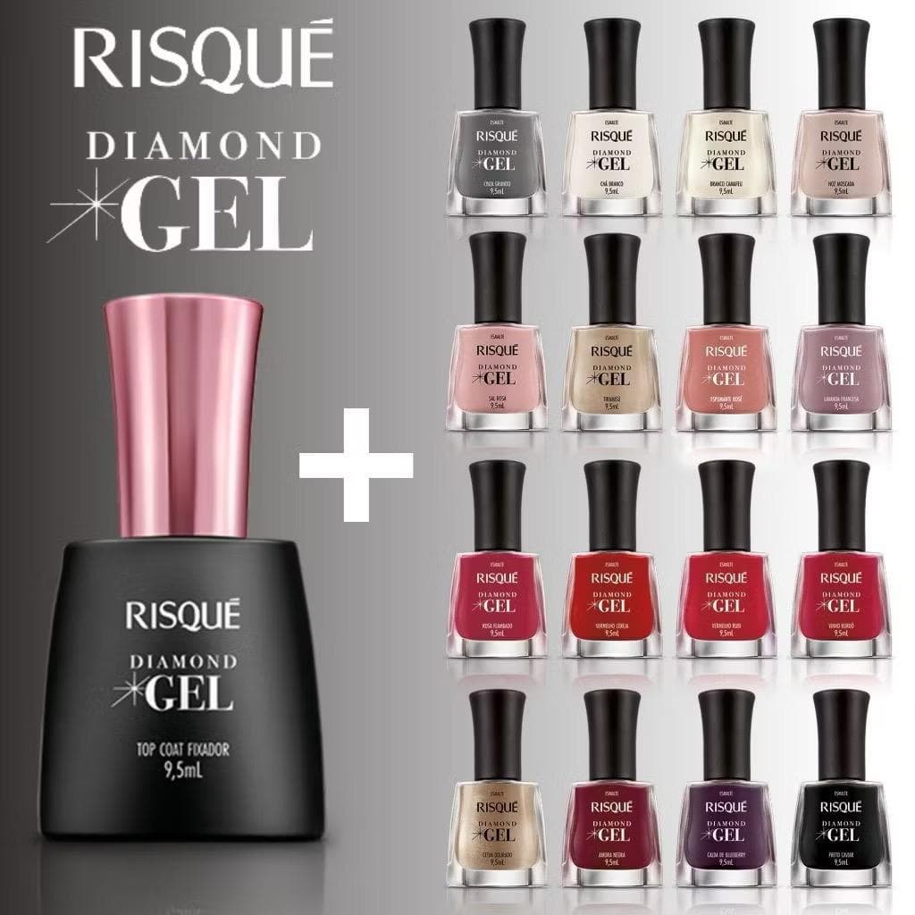 Kit 2 Esmalte Diamond Gel Risque Cor + Top Coat Fixador - Escolha Cor