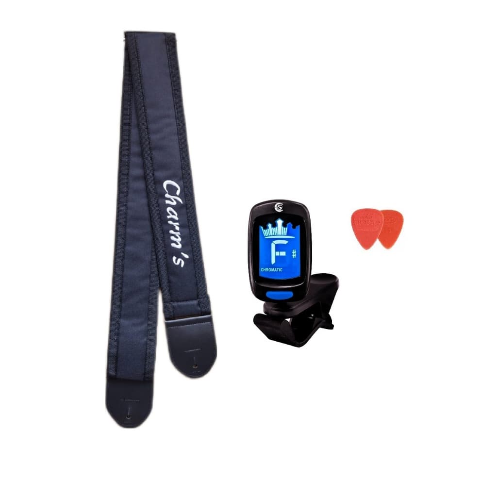 CORREIA ALÇA LARGA ALMOFADADA VIOLÃO GUITARRA BAIXO CAVAQUINHO VIOLA CINTA AJUSTÁVEL + AFINADOR DIGITAL + 2 PALHETAS