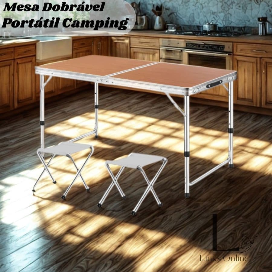 Mesa Dobrável Portátil Camping 90x60cm Alumínio MDF Altura Ajustável com Alça Maleta + 2 Bancos