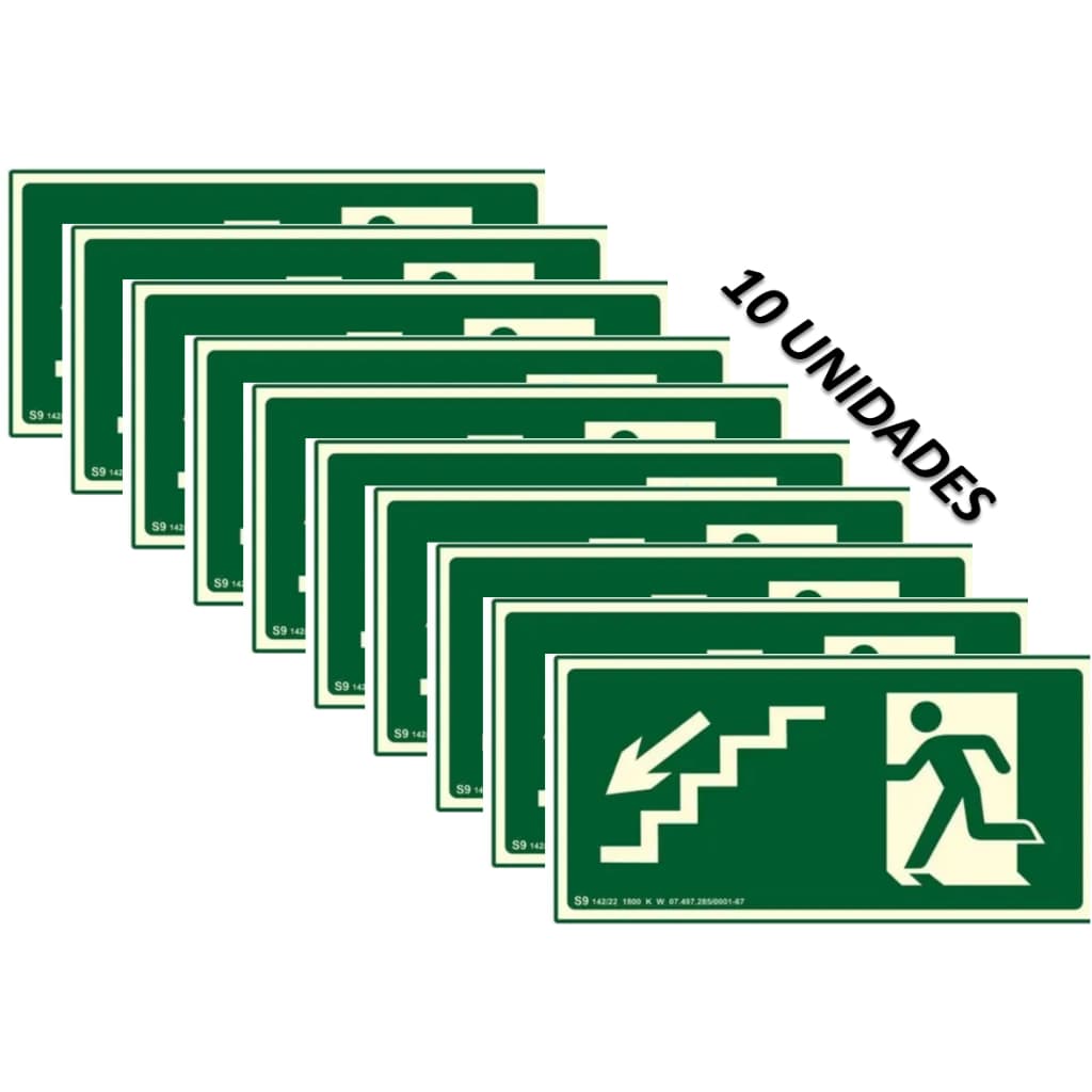 kit 10 placas de sinalização desce escada lado esquerdo fotoluminescente PVC