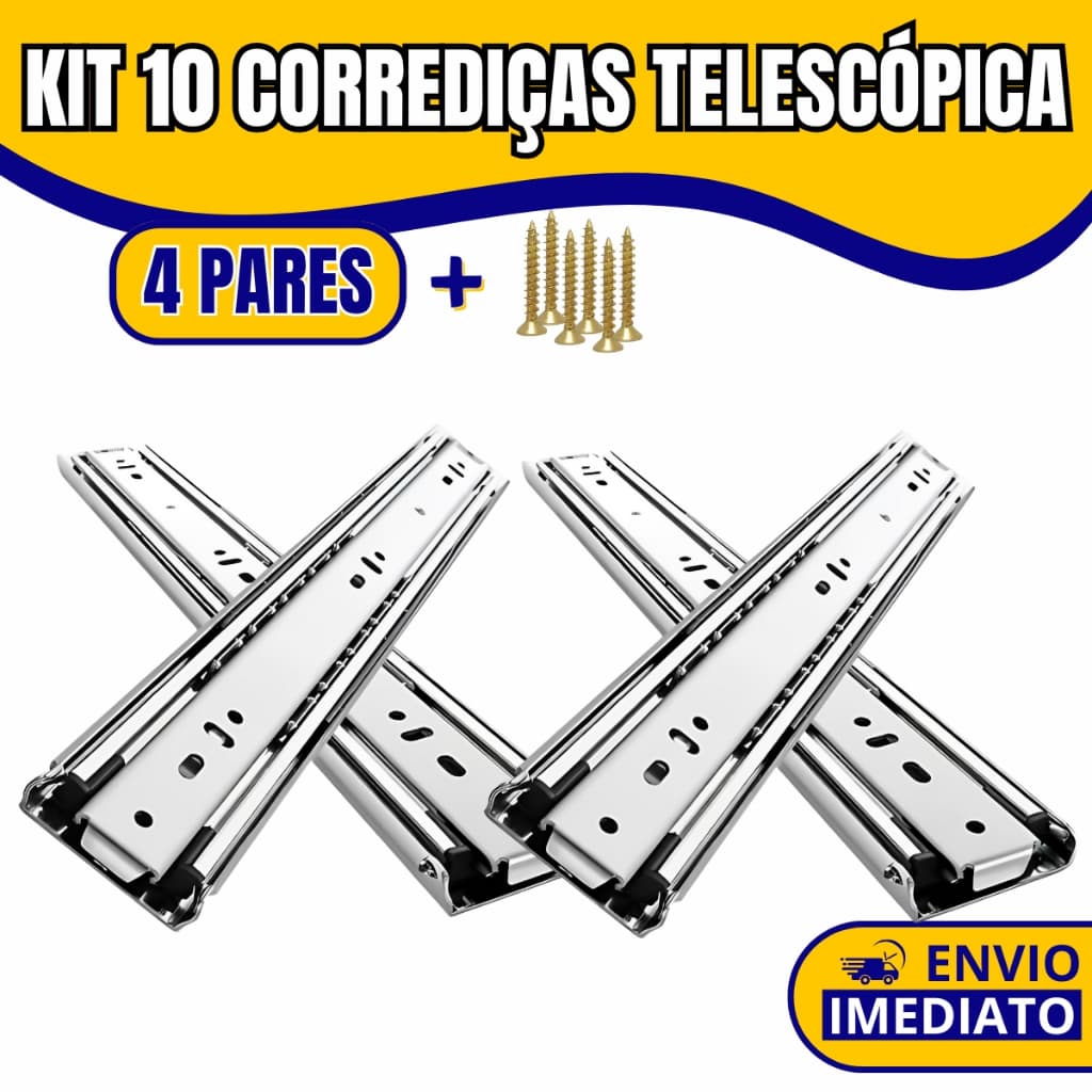 Kit 10 Corrediças Telescópicas Para Gaveta Com Parafusos Trilho Light 25cm a 45cm Aço Deslizante
