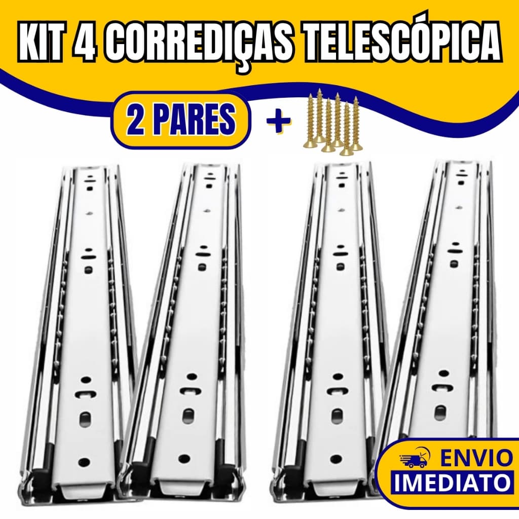 Kit 8 Corrediças Telescópicas p/ Gaveta c/ Parafusos – Trilho Light 25cm a 45cm Aço Deslizante