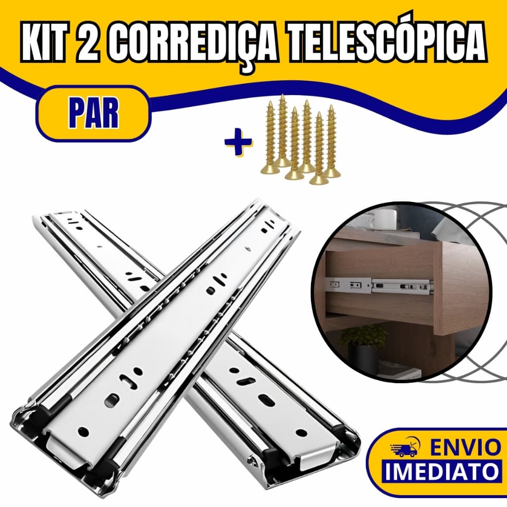 Kit 2 Corrediças Telescópicas p/ Gaveta c/ Parafusos Light – 25cm a 45cm Trilho Deslizante Aço