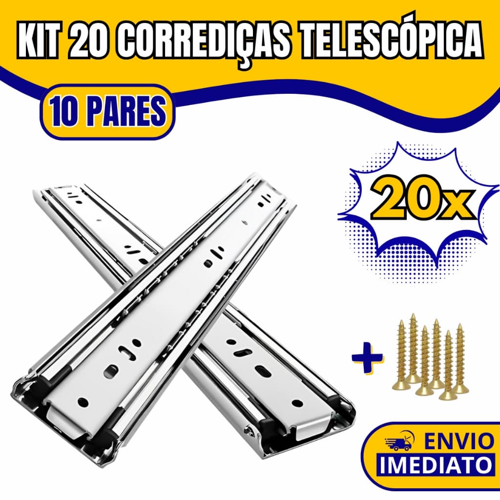 Kit 20 Corrediças Telescópicas Para Gaveta Com Parafusos – 25 a 45cm Trilho Deslizante Light