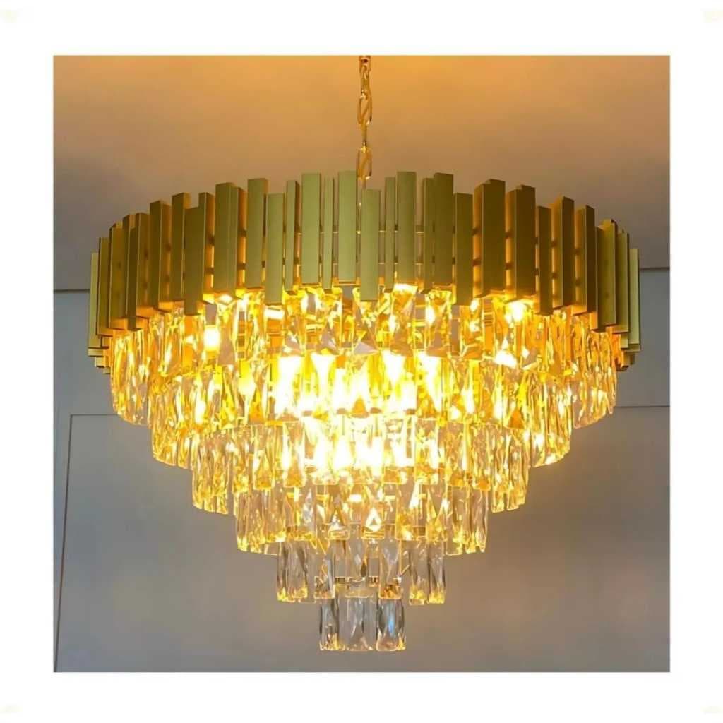 Lustre Pendente 72x43cm Metal e Cristal Dourado e Transparente - Sindora-Lançamento-Fonte do Led