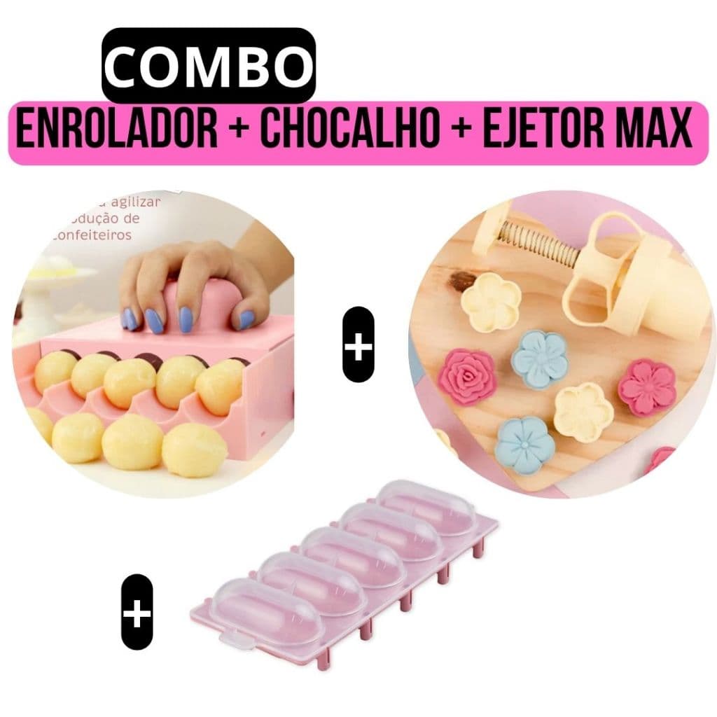 Kit Confeitaria Enrolador Doces 12 16g+ Chocalho Boleador de Beijinho Brigadeiro + Ejetor Max Flores Coração