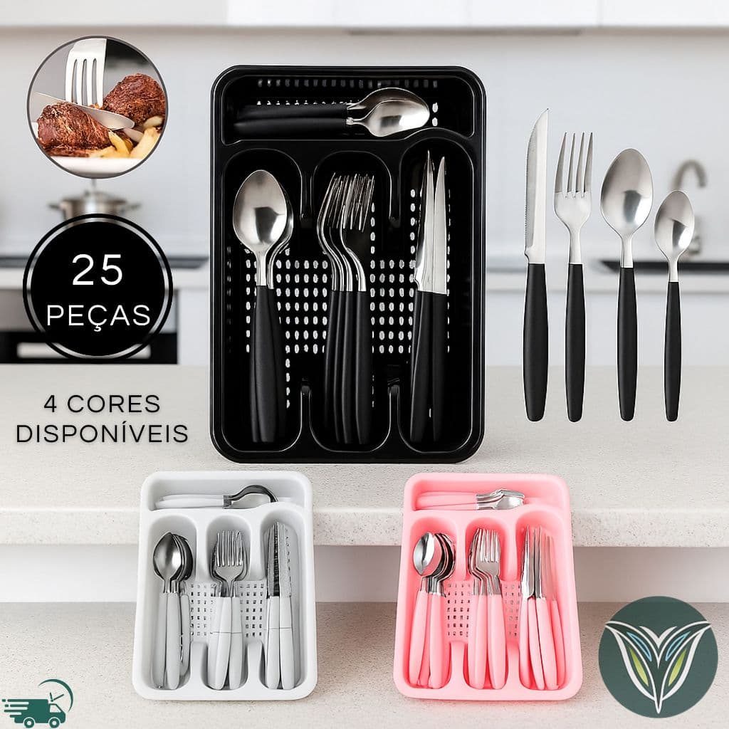 Kit25 Conjunto Jogo de Talheres Home em Aço Inox Gaveteiro Faqueiro Preto Branco Vermelho Rosa Jantar Colher Garfo Faca