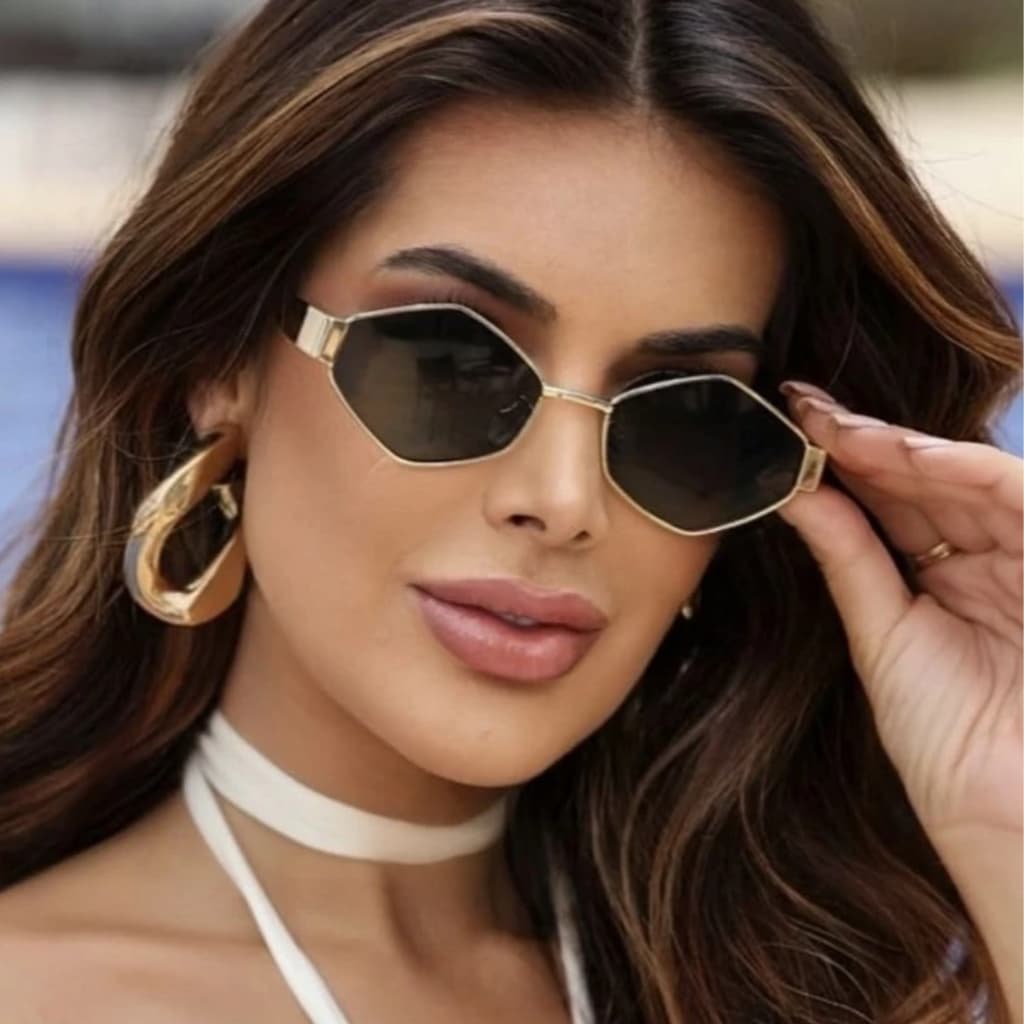 Óculos de Sol Poligonal Dourado Cobre Tendência De Luxo Petite Frame UV400 Moda Hype Masculino Feminino