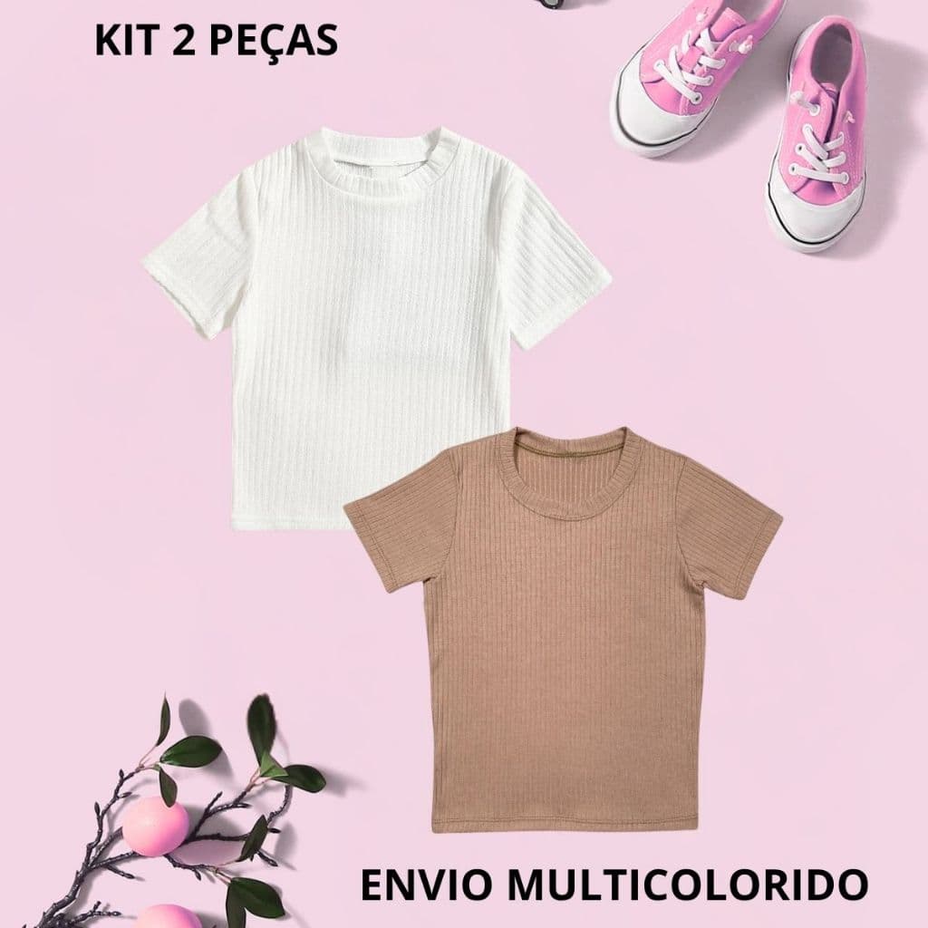 Kit 2 Peças Femininas Infantil/ juvenil para meninas| Camiseta Canelada Básica | Envio Multicolorido e Tamanhos Variados