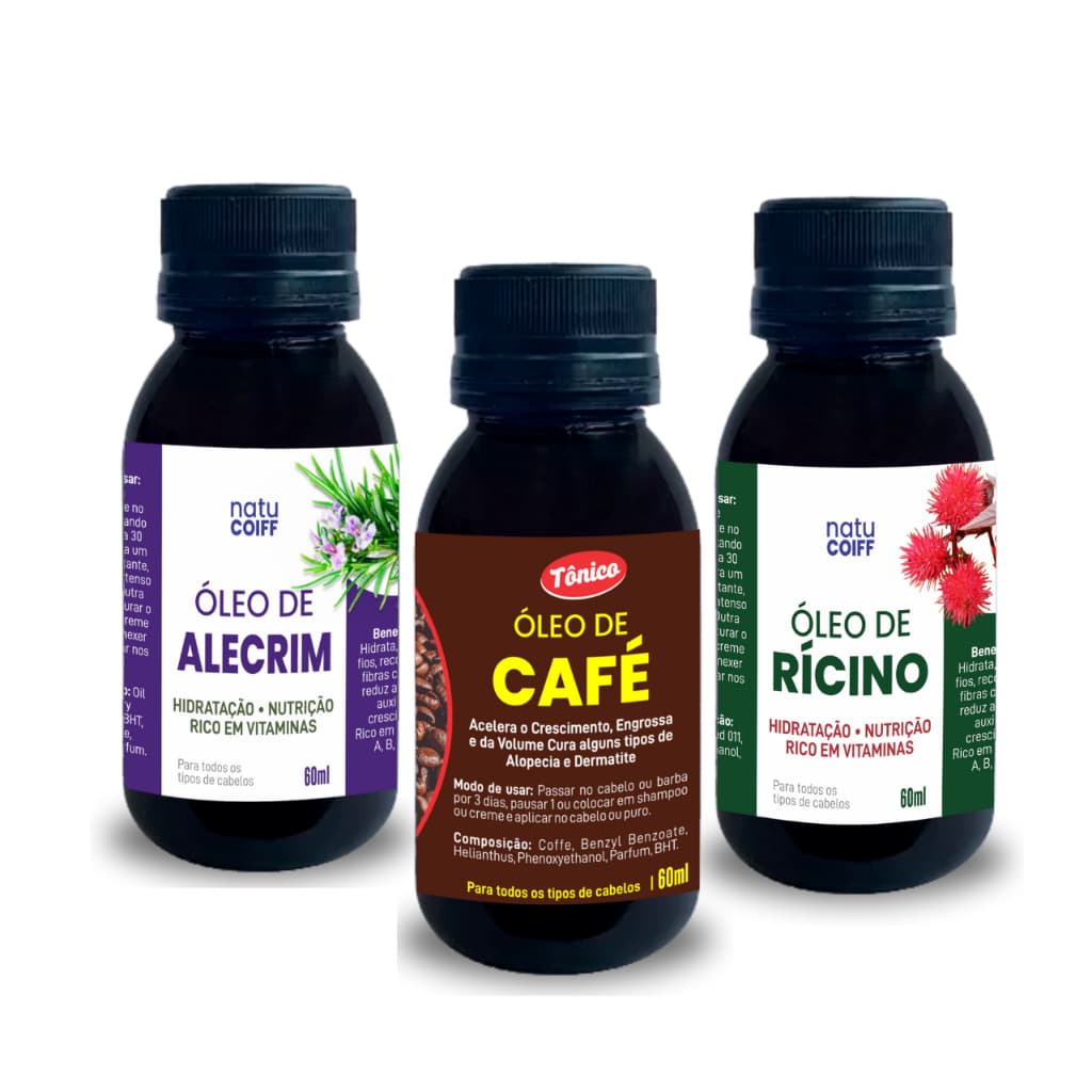 Kit 3 Óleos Capilares Alecrim, Café e Rícino Crescimento e Fortalecimento Natural