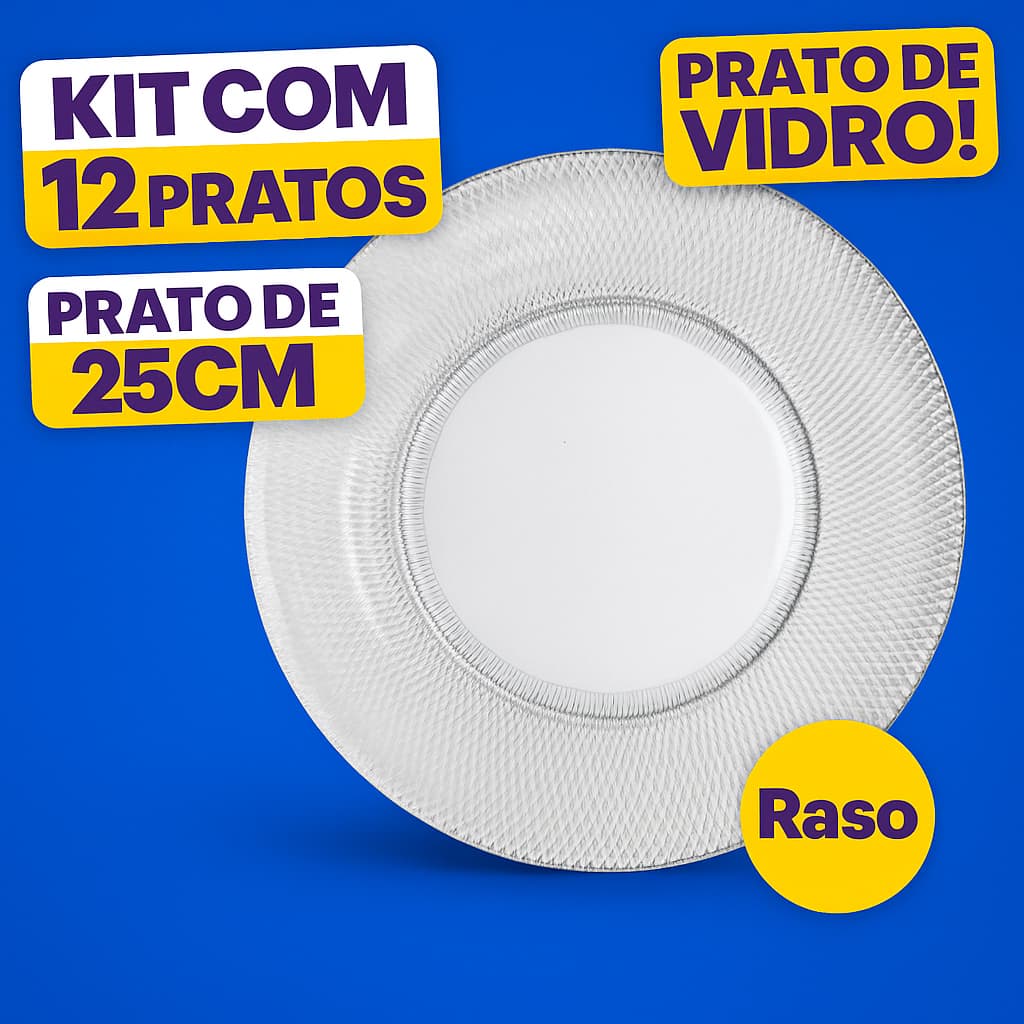 Kit Pratos de Vidro Raso Incolor 25cm Design Trabalhado, Ideal para Jantar