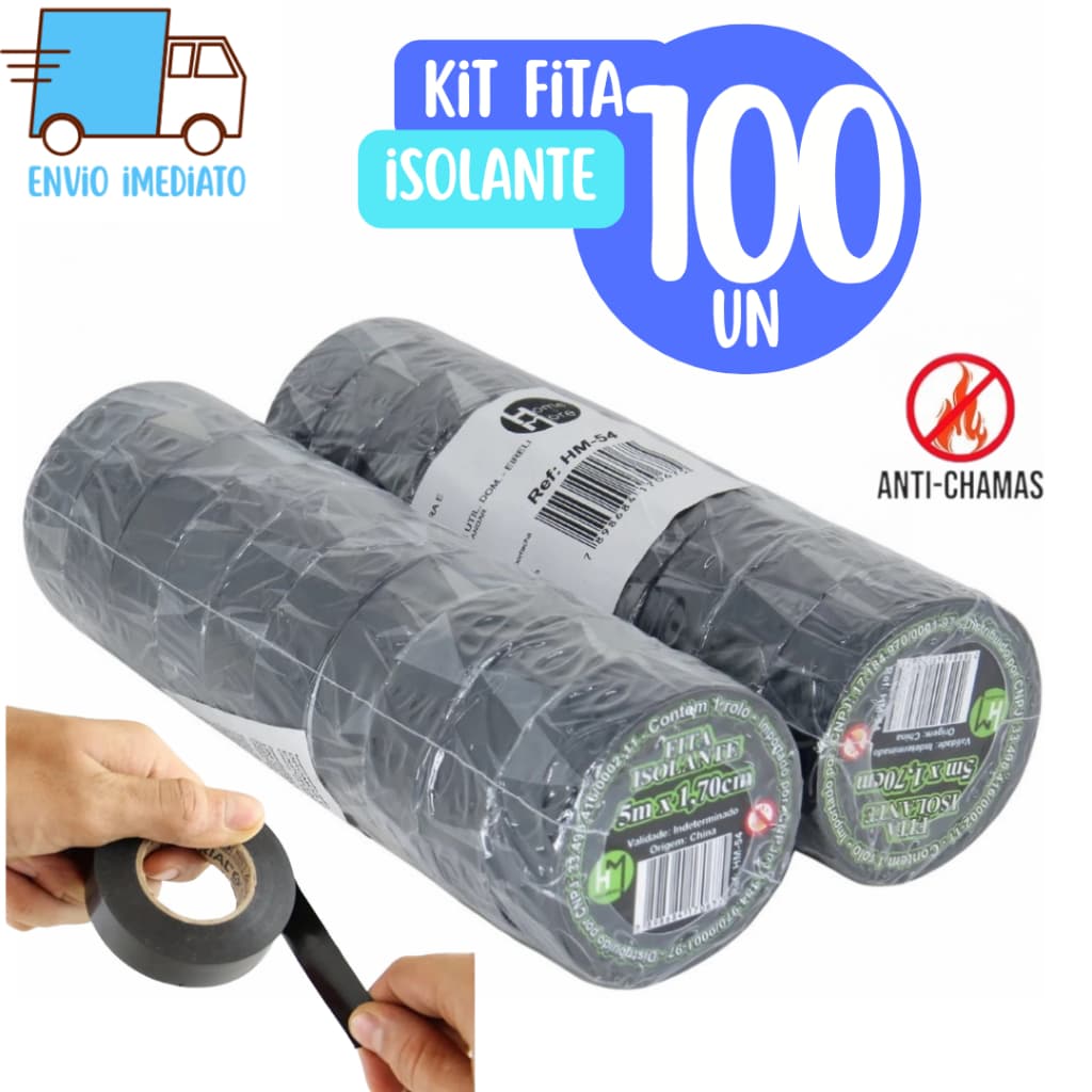 Kit 100 Fitas isolante Antichama Preta para Eletricista uso Geral Domestico e Industrial - 5m