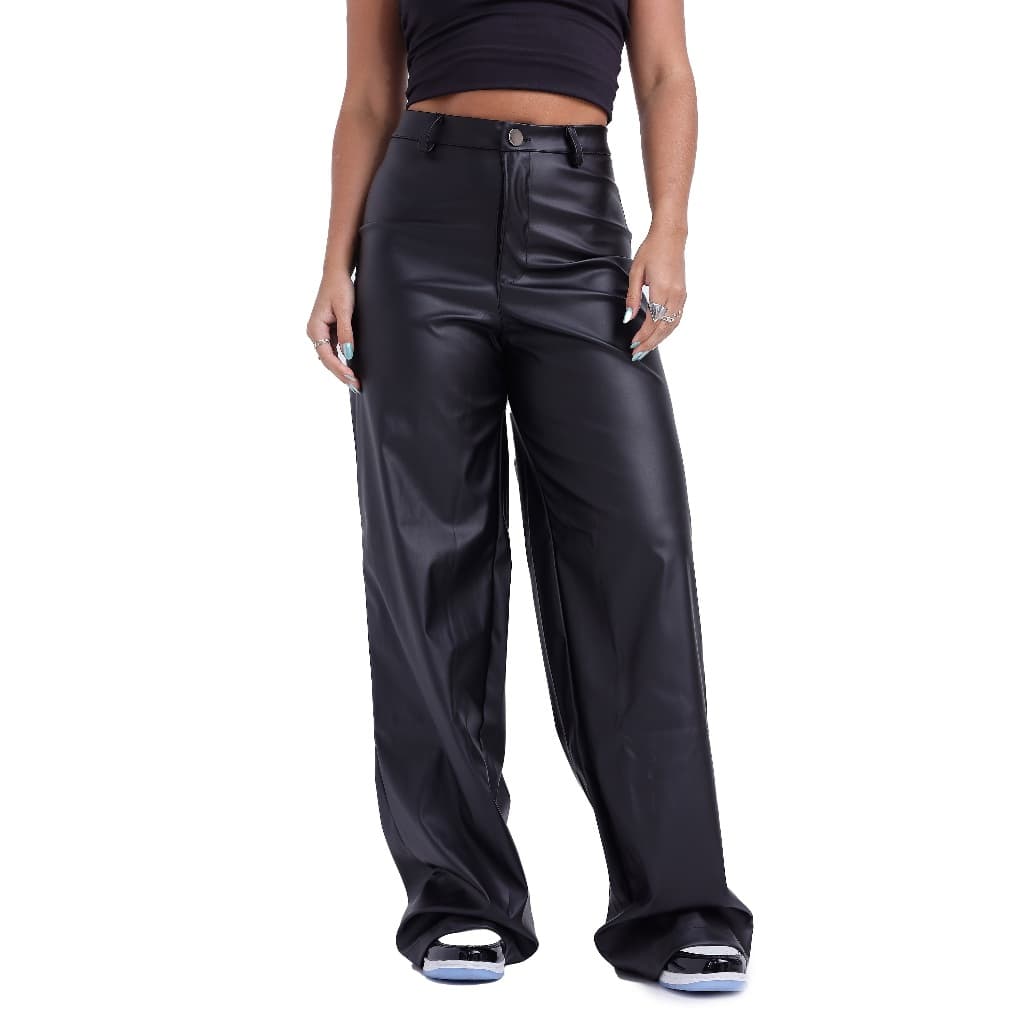 Calça Couro Wide Leg Courino Moda Feminina Gringa Dia a Dia Balada Conforto