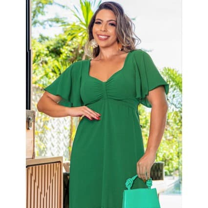 Vestido Longo Duna Feminino Decote V Saia Franzida