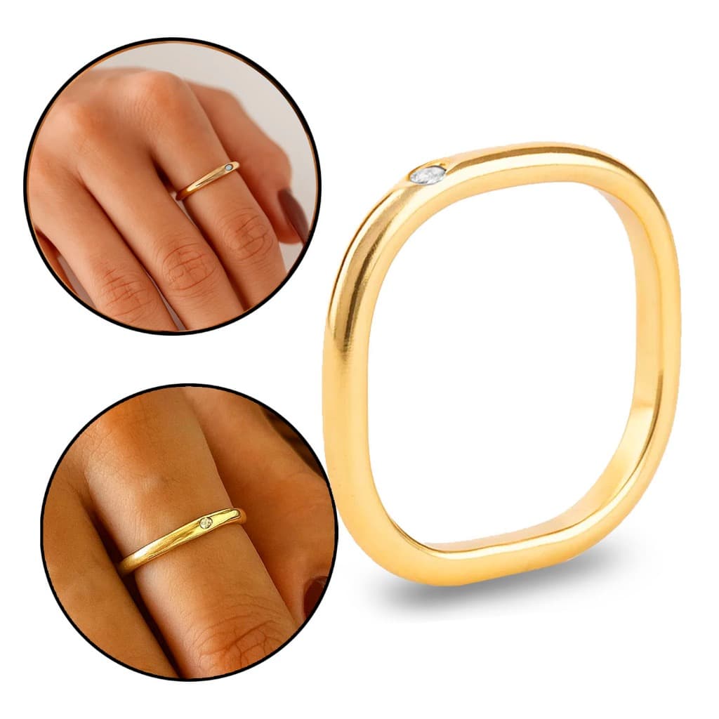 Anel Quadrado Em Moeda Antiga Com Pedra Lateral Dourado