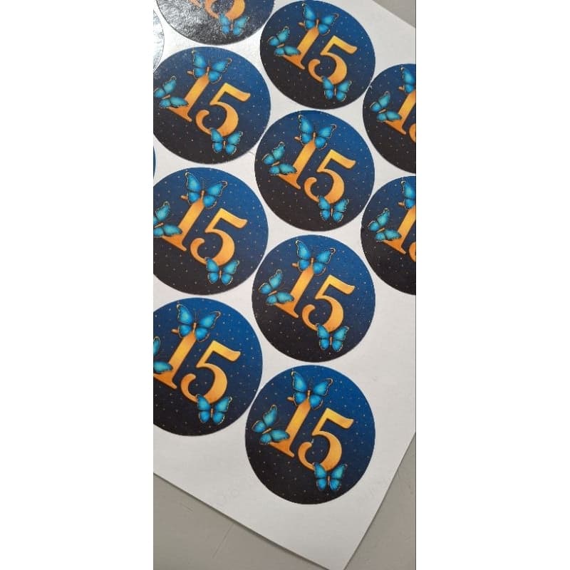 Kit 100 Etiquetas Adesivas 15 Anos Borboletas Azul e Dourado