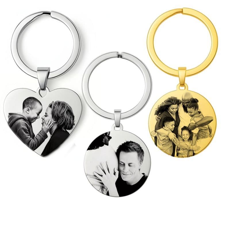Chaveiro Souvenir Aço inoxidável imagem Família Pet Casal Cor Prata Dourado Redondo ou Coração