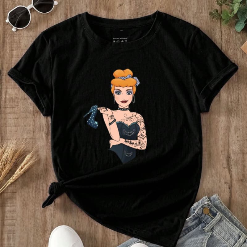 Camiseta Feminina Cinderela Tatuada Algodão Premium Rocker