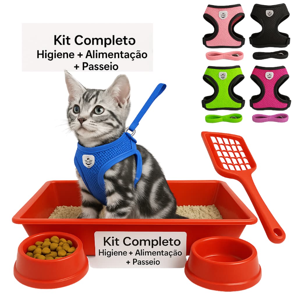 Kit Pet Completo Gatos e Cães Pequenos – Caixa de Areia + Coleira Peitoral + 2 Comedouros + Pá de Limpeza