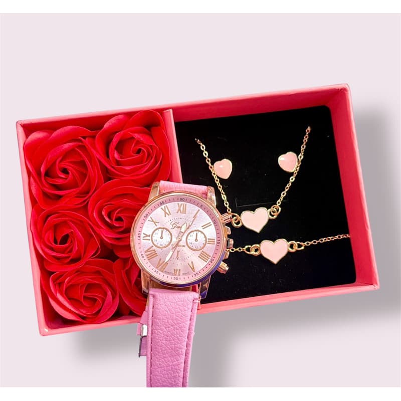 Caixa de joias rosa com flores vermelhas imortais + conjunto de relógio com 4 peças