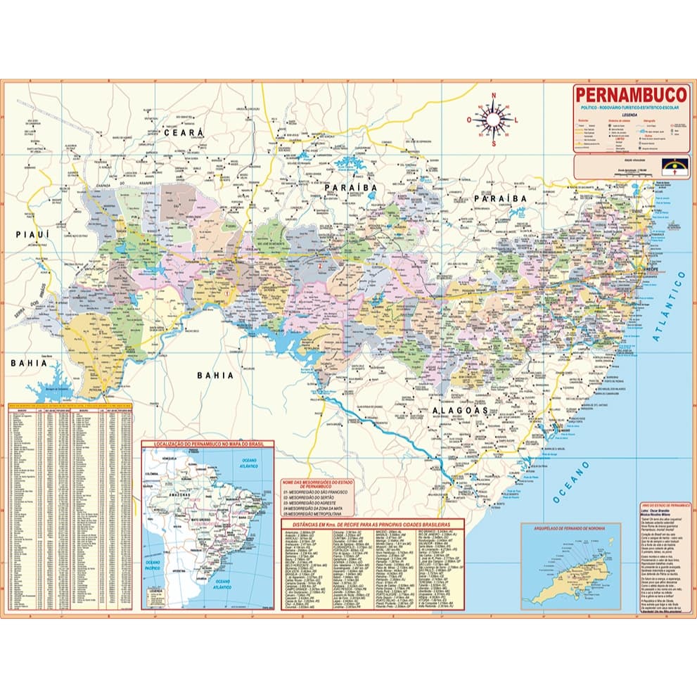 Mapa Estado De Pernambuco Atualizado - Gigante 120x90cm