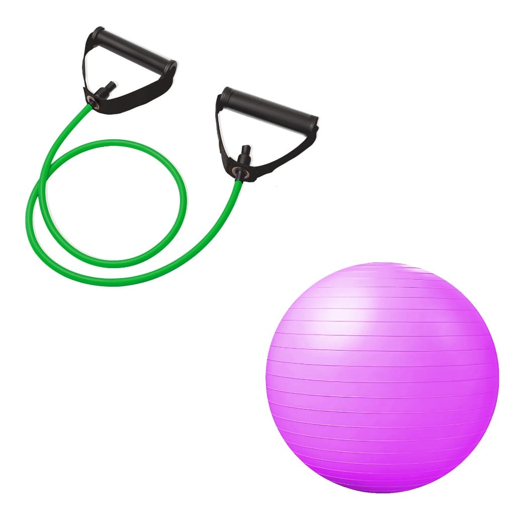 Kit Bola Pilates 65cm + Extensor Verde Leve Yoga Treino Resistência JustGoFit