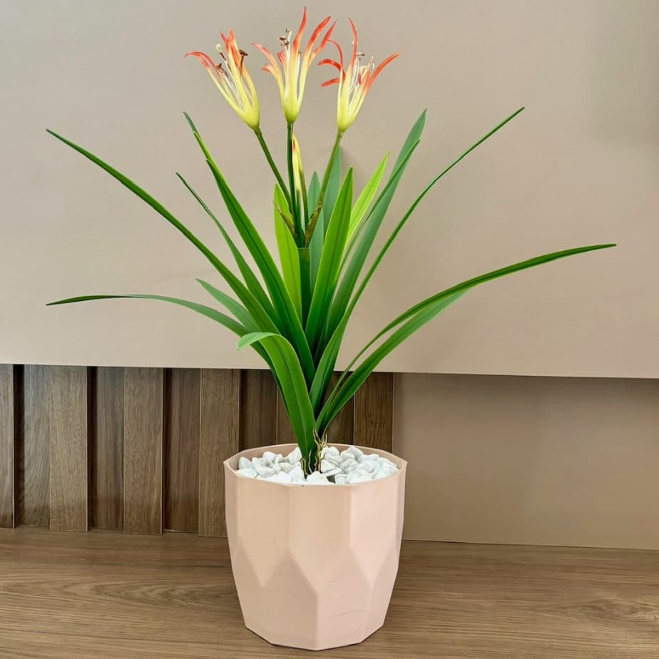 Planta Artificial Ultra Realista com Vaso Decorativo Cachepô Facetado Injetado(VASO+PLANTA+ARGILA+PEDRAS BRANCAS)