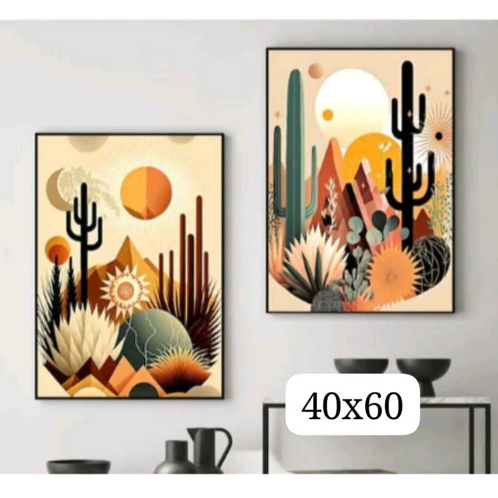 KIT 2 QUADROS DECORATIVOS CACTOS SERTAO NORDESTE 2 PEÇAS MODERNOS ELEGANTES GRANDE PARA SALA QUARTO