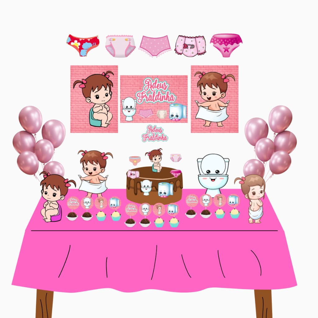 Kit festa decoração desfralde tchau fraldinha fralda meninas rosa