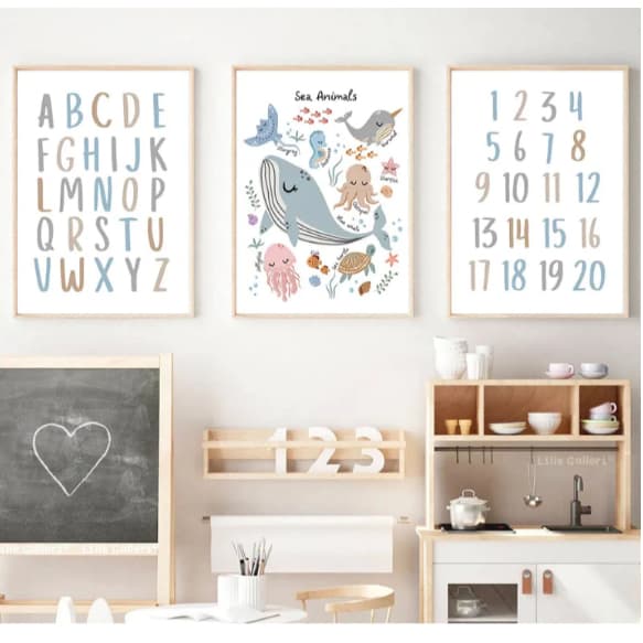 QUADROS DECORATIVOS BALEIA FUNDO DO MAR INFANTIL ALFABETO E NUMERAIS 3 PEÇAS